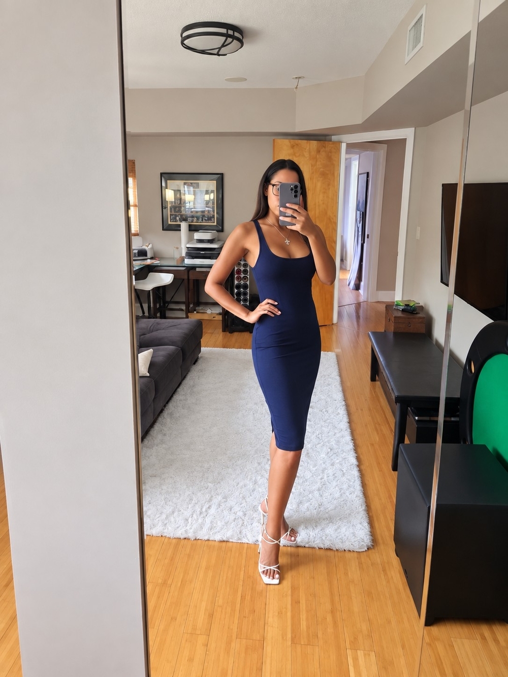 Forever 21 Navy Blue Bodycon Midi Dress | Size L Fits M